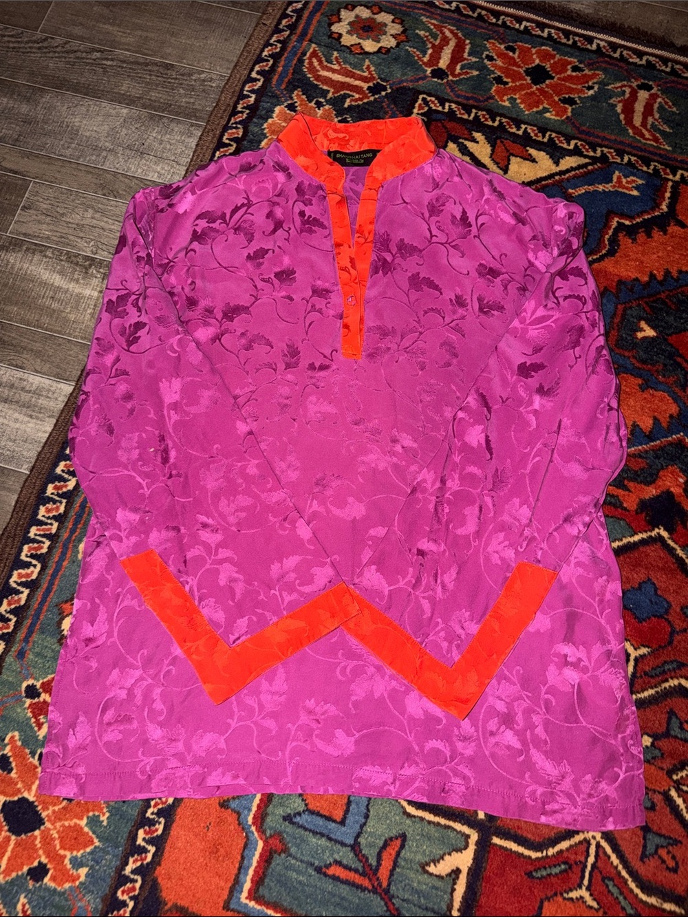 SHANGHAI TANG Luxury Mulberry Silk Jacquard Chevron Trim Chinoiserie Blouse Top